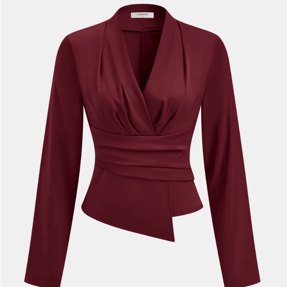 NWT Commense Burgundy Draped Satin V Neck Asymmetric Blouse Long Sleeve S Small
